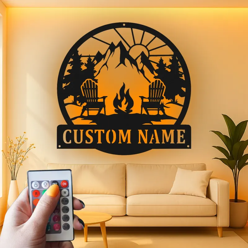 Cartel de metal LED personalizado de fogata de montaña regalo para amantes del aire libre decoración de cabaña o patio