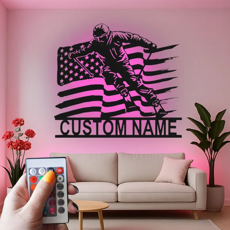 Custom Alpine Skier Metal Wall Art | LED Backlit American Flag Sign | Personalized Ski Gift | Winter Sports Cabin Decor