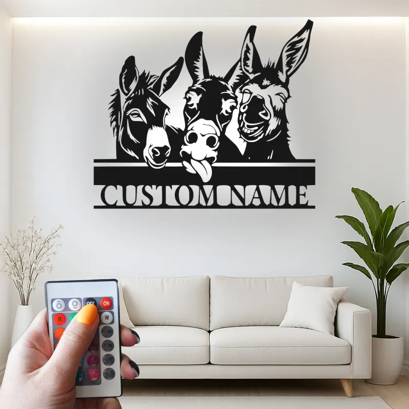 Insegna in metallo LED Donkey Trio Personalizzata Regalo per Fattoria Decorazione Soggiorno Rustico