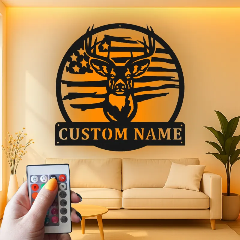 Custom Deer American Flag Led Light Metal Wall Art Personalized Gift for Hunters Rustic Man Cave Decor