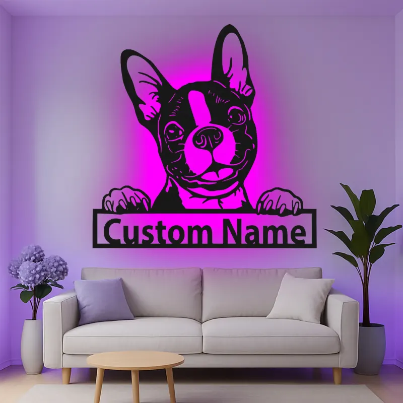 Décoration murale en métal personnalisée en forme de bulldog français avec rétroéclairage LED - Cadeau pour parents d'animaux