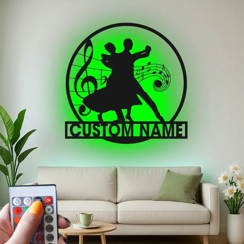 Cartel de metal personalizado de pareja de baile de salón con luz LED regalo para amantes de la danza decoración de estudio o salón