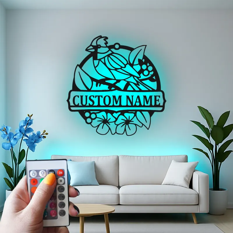 Insegna in metallo personalizzata con uccello e fiori e luce LED regalo per amanti della natura decorazione per soggiorno o giardino