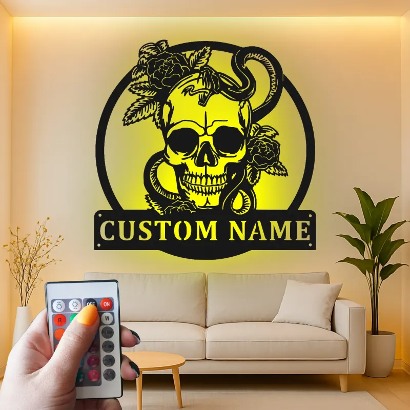 Insegna LED in metallo con teschio gotico | Arte da parete personalizzata con serpente e rose | Arredo su misura per studio tattoo e man cave
