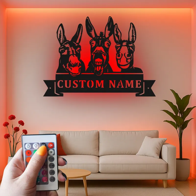 Insegna in metallo LED Donkey Trio Personalizzata Regalo per Fattoria Decorazione Casa Rustica