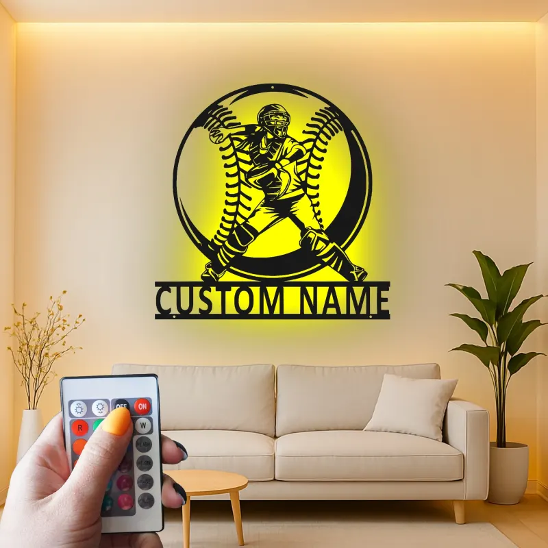 Insegna in metallo personalizzata per giocatore di softball con luce LED regalo per atleti decorazione per sala giochi sportiva