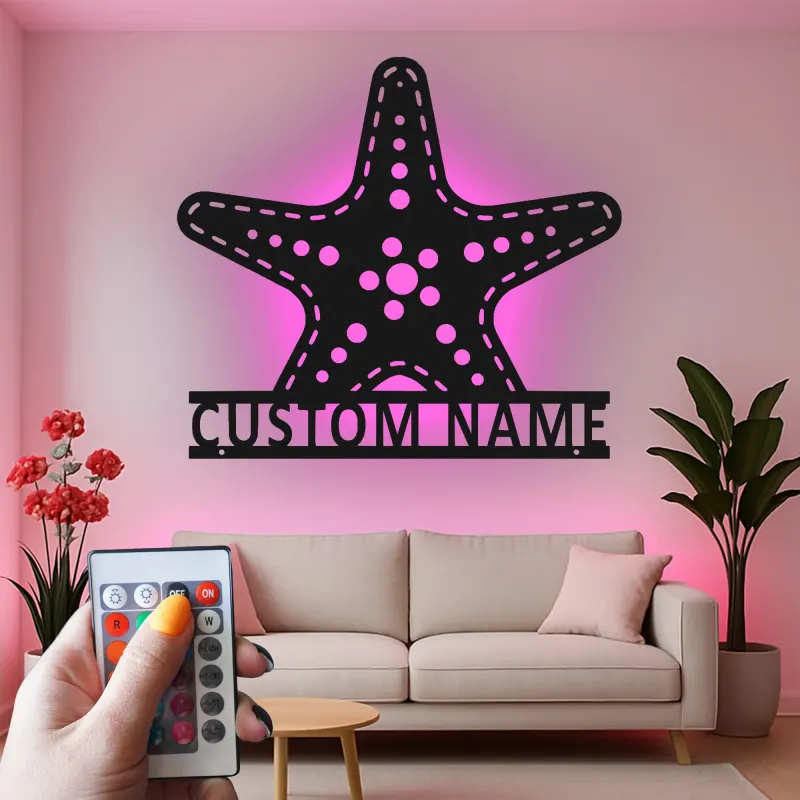 Letrero LED personalizado con estrella de mar | Arte mural de vida marina en metal | Regalo de decoración costera para casa de playa