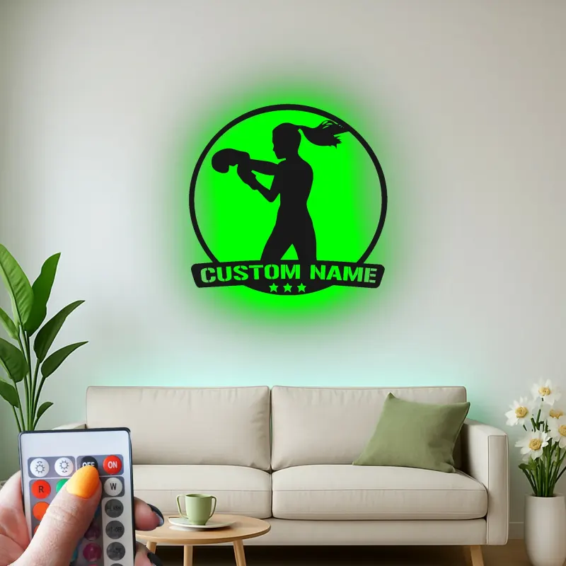 Décoration murale en métal personnalisée pour boxeuse avec rétroéclairage LED - Cadeau personnalisé pour passionné de boxe, décoration de gym ou de maison