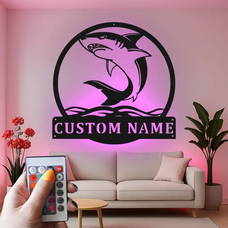 Décoration murale en métal personnalisée requin avec rétroéclairage LED, cadeau personnalisé pour amoureux de l'océan, décoration nautique pour maison de plage