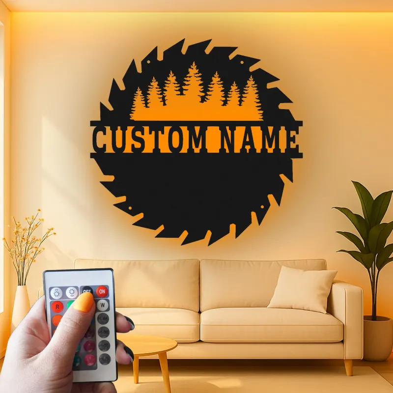 Enseigne en métal scie circulaire personnalisée | Décoration murale forêt de pins | Déco rustique pour chalet et cadeau d’atelier de menuisier | Compatible éclairage LED