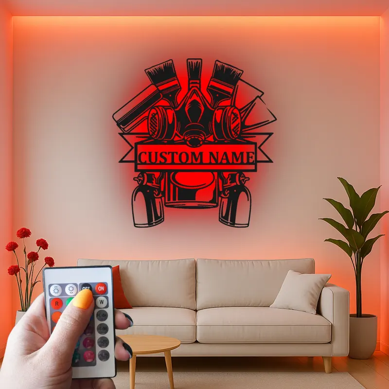 Personalisierte Auto Maler LED Schild | Metall Garage Wandkunst | Geschenk für Mechaniker | Spraydose & Gasmasken Dekor