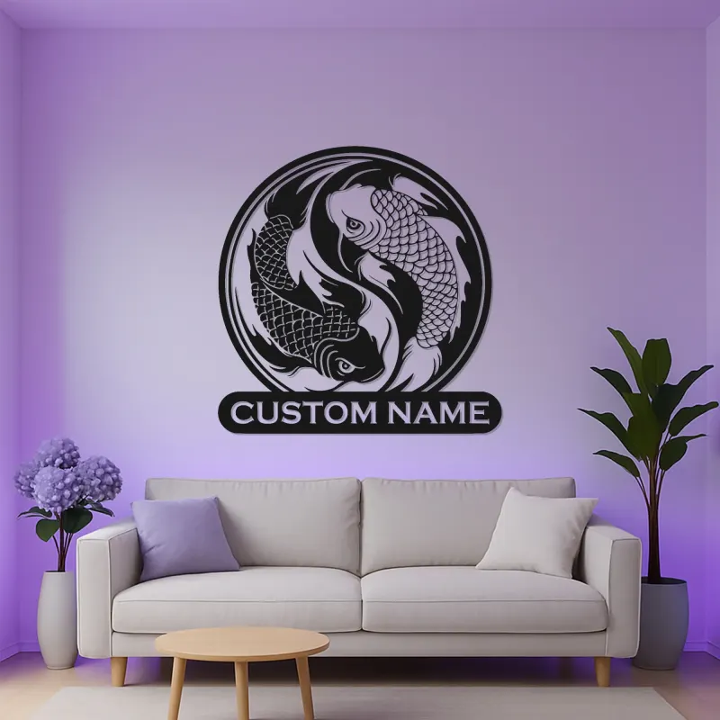 Cartel de metal de peces Koi Yin Yang | Arte mural LED personalizado | Decoración japonesa zen personalizada para sala de meditación y estudio