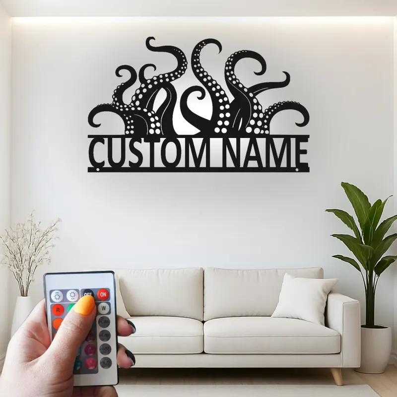 Cartel LED personalizado de tentáculos de pulpo | Arte de metal con nombre personalizado | Decoración náutica para negocios y hogar costero | Regalo para amantes del mar