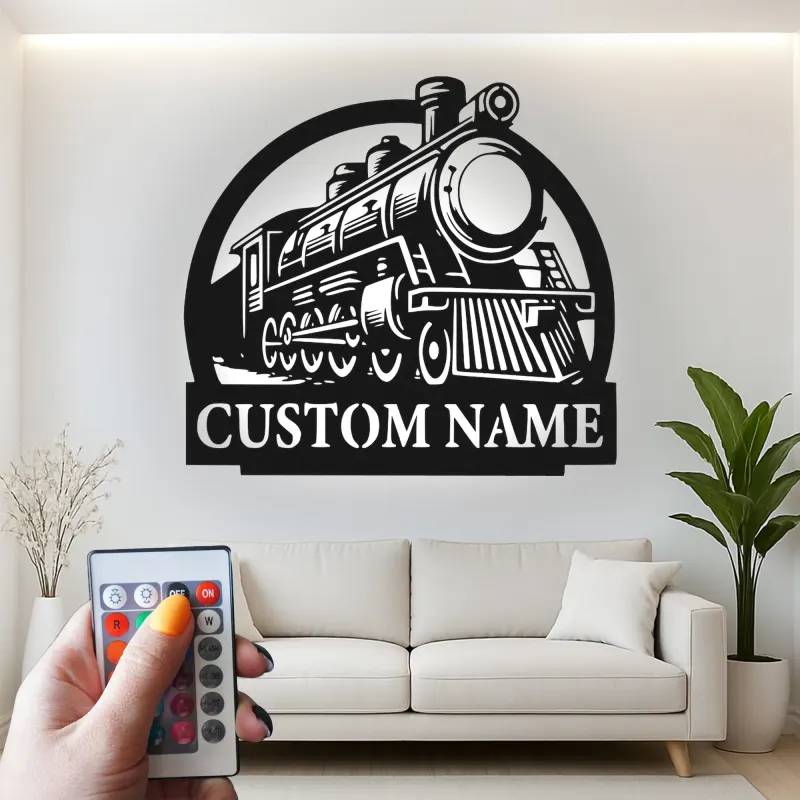Insegna in metallo personalizzata con luce LED di locomotiva a vapore per appassionati di treni, regalo per man cave o decorazione per ufficio