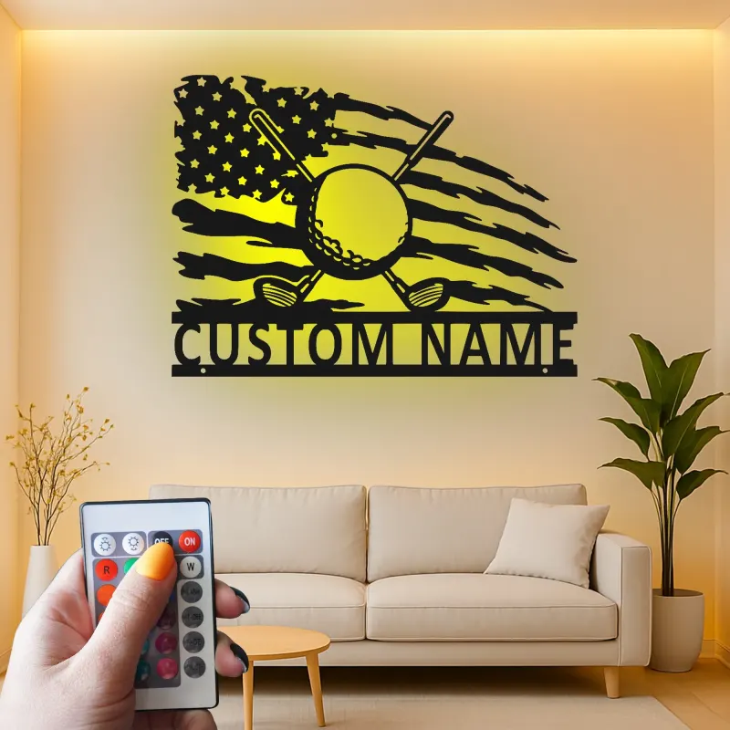 Personalized Golf Sign with LED | Custom Metal Wall Art for Man Cave | Patriotic Golfer Gift for Him | American Flag Sports Decor