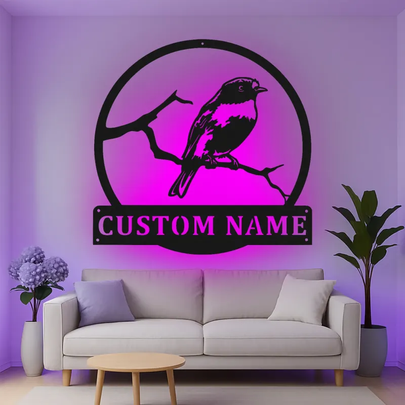 Custom Bird on Branch Led Light Metal Wall Art Personalized Nature Lover Gift Living Room or Garden Decor