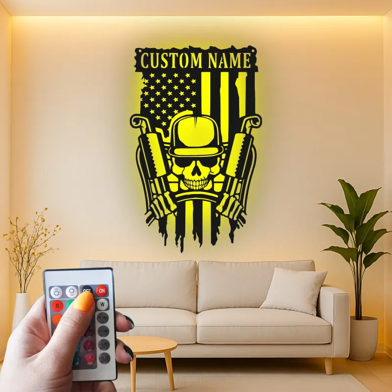 Cartel de Metal LED Personalizado con Calavera y Armas | Arte Mural Patriótico de la Bandera Americana | Regalo Personalizado para Veteranos Militares para Cueva de Hombre o Garaje