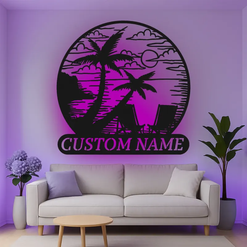 Décoration murale en métal personnalisée coucher de soleil sur la plage avec rétroéclairage LED cadeau côtier pour couples décoration de salon ou patio