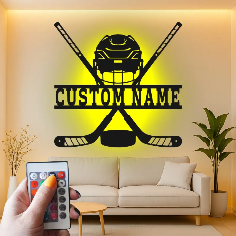 Enseigne personnalisée de hockey | Décoration murale LED en métal | Déco personnalisée pour joueur, salle de jeux | Cadeau fan de sport