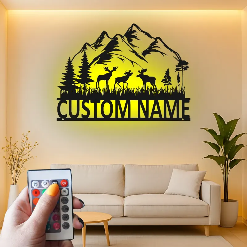 Custom Moose Mountain Metal Sign | LED Rustic Wildlife Wall Art | Personalized Cabin Decor Gift for Nature Lovers