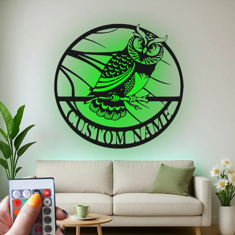 Great Horned Owl Metal Wall Art | Personalized LED Name Sign | Custom Bird Silhouette Decor for Home & Office | Nature Lover Gift