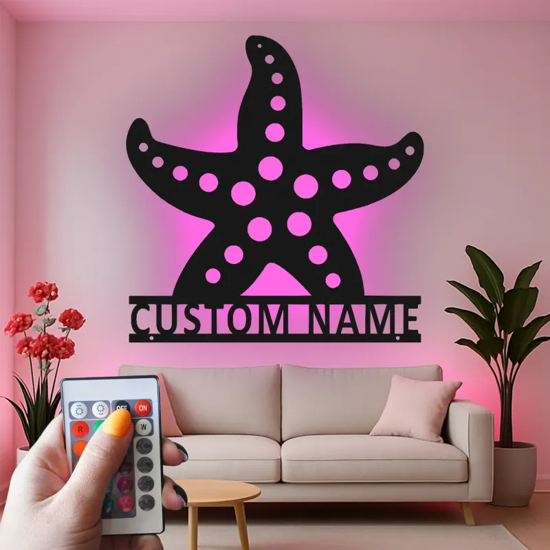 Enseigne étoile de mer personnalisée | Art mural en métal LED pour décor côtier | Plaque de nom de maison de plage personnalisée | Cadeau à thème nautique