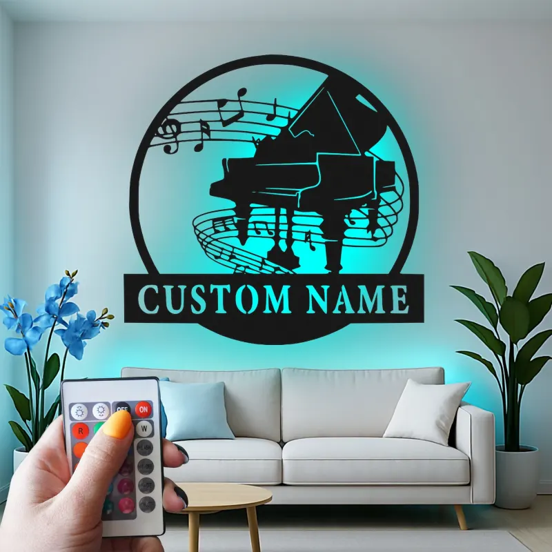 Panneau piano personnalisé avec LED | Décoration murale en métal sur mesure pour salle de musique | Silhouette de piano à queue | Cadeau pour pianiste