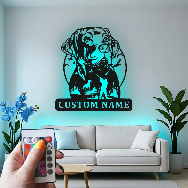 Insegna per Cacciatore Labrador Retriever | Insegna in Metallo LED Personalizzata | Regalo per Cacciatori per Man Cave | Decorazione per Caccia all'Anatra