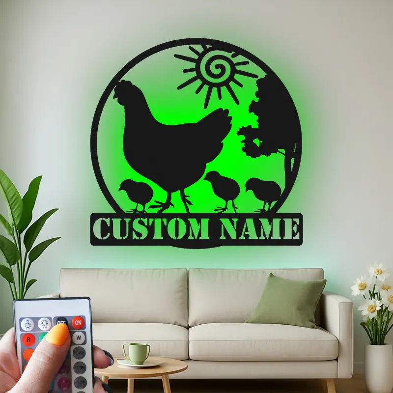 Insegna in metallo LED Famiglia Pollo Personalizzata Regalo per Casa Decorazione Cucina Rustica