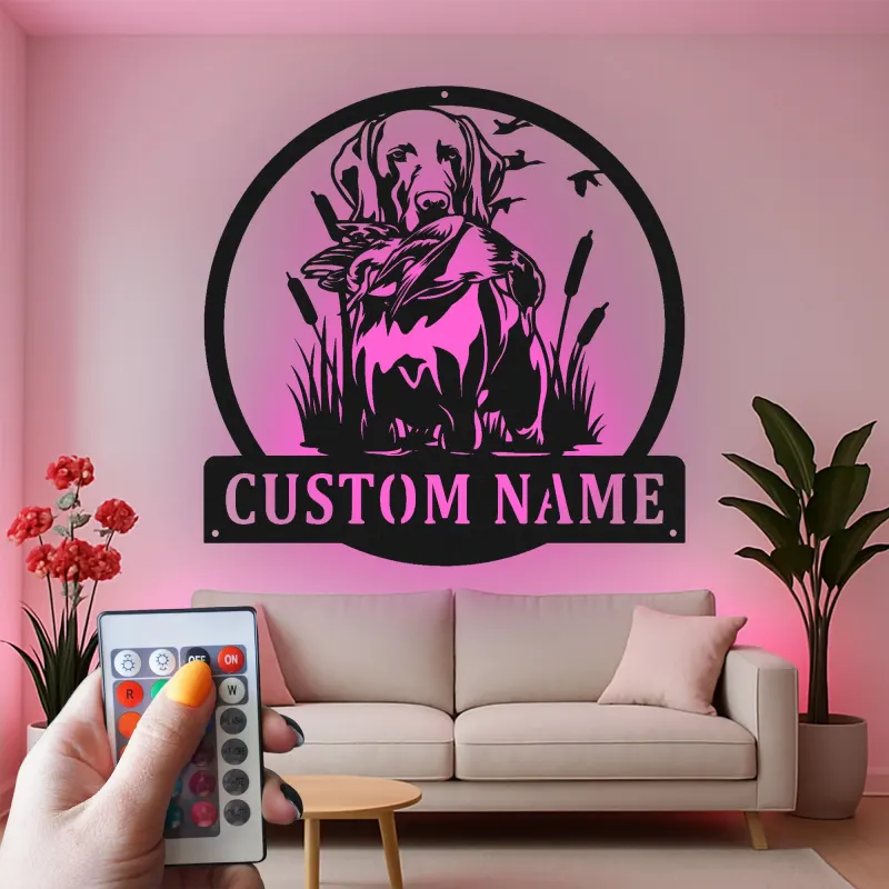 Panneau personnalisé de chien de chasse Labrador | Décoration murale en métal LED personnalisée | Cadeau de chasseur et décor de faune extérieure