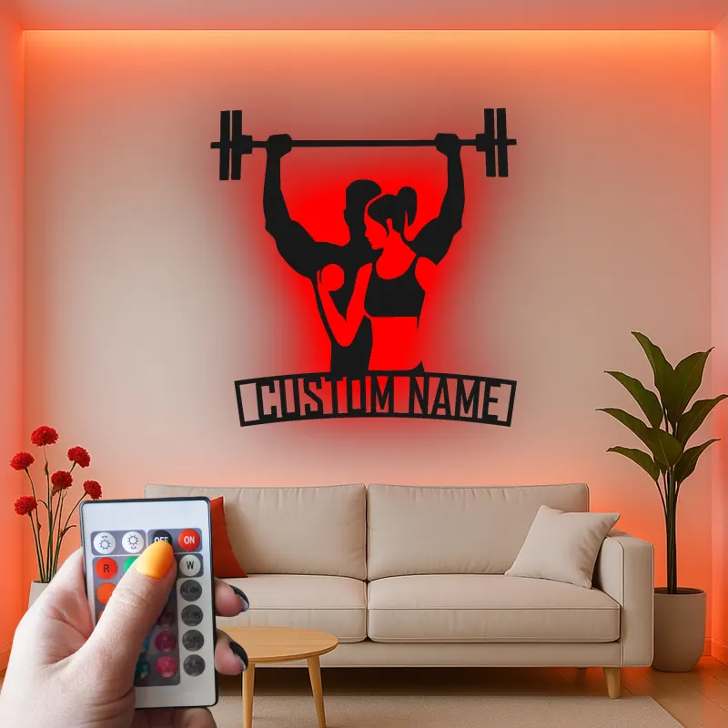 Panneau en métal personnalisé pour couple sportif | Décor LED personnalisé pour salle de sport à la maison | Décoration murale fitness, cadeau pour couple