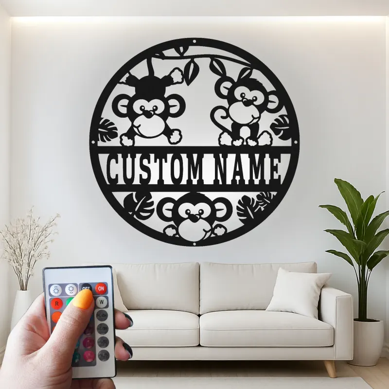 Cartel de nombre de mono personalizado | Arte mural de metal LED para guardería | Decoración de animales de la jungla para la habitación infantil | Regalo de baby shower personalizado