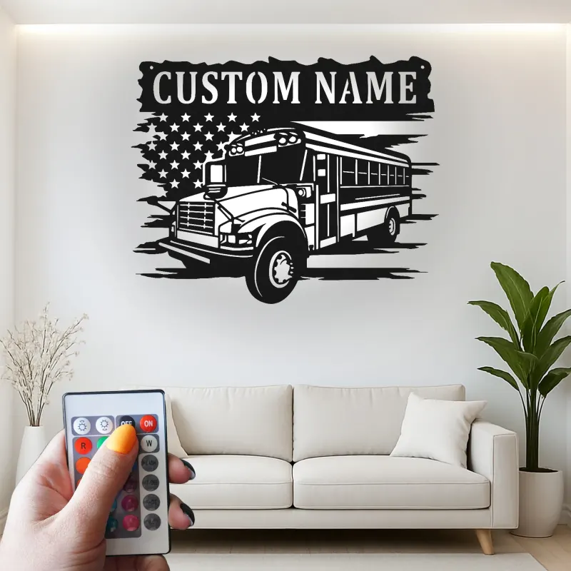 Personalized School Bus Driver LED Sign | American Flag Metal Wall Art | Custom Name Gift for Garage or Office Decor