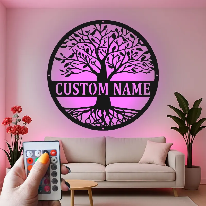 Art Mural LED Arbre de Vie | Panneau de Nom de Famille Personnalisé | Décor Métal Personnalisé pour Entrée | Cadeau de Crémaillère pour Couples