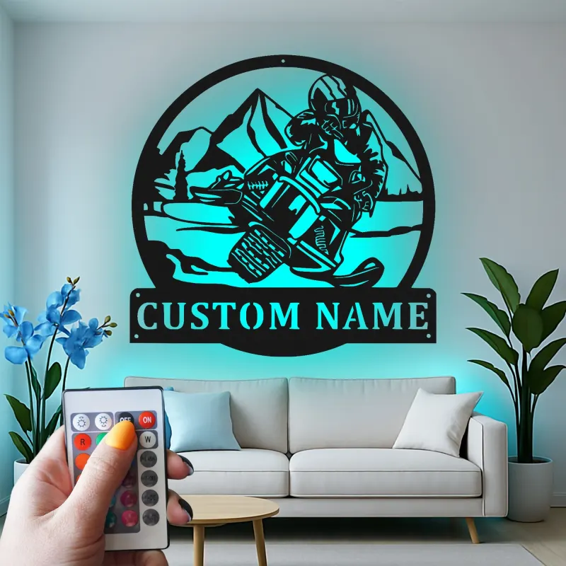 Cartel LED de piloto de moto de nieve personalizado | Arte mural de metal personalizado | Regalo de aventura en montaña para amantes de la moto de nieve