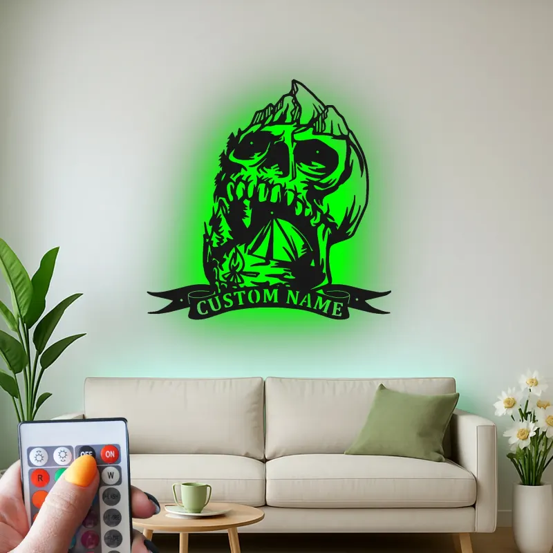 Custom Skull Mountain LED Sign | Personalized Metal Wall Art | Gothic Outdoor & Camper Decor | Rustic Cabin Gift