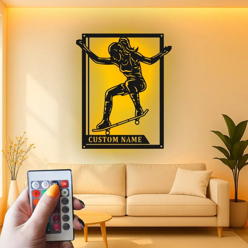 Panneau personnalisé de skateur féminin | Art mural en métal LED pour chambre d'adolescent | Décor de nom de skateur personnalisé | Cadeau pour sports d'action