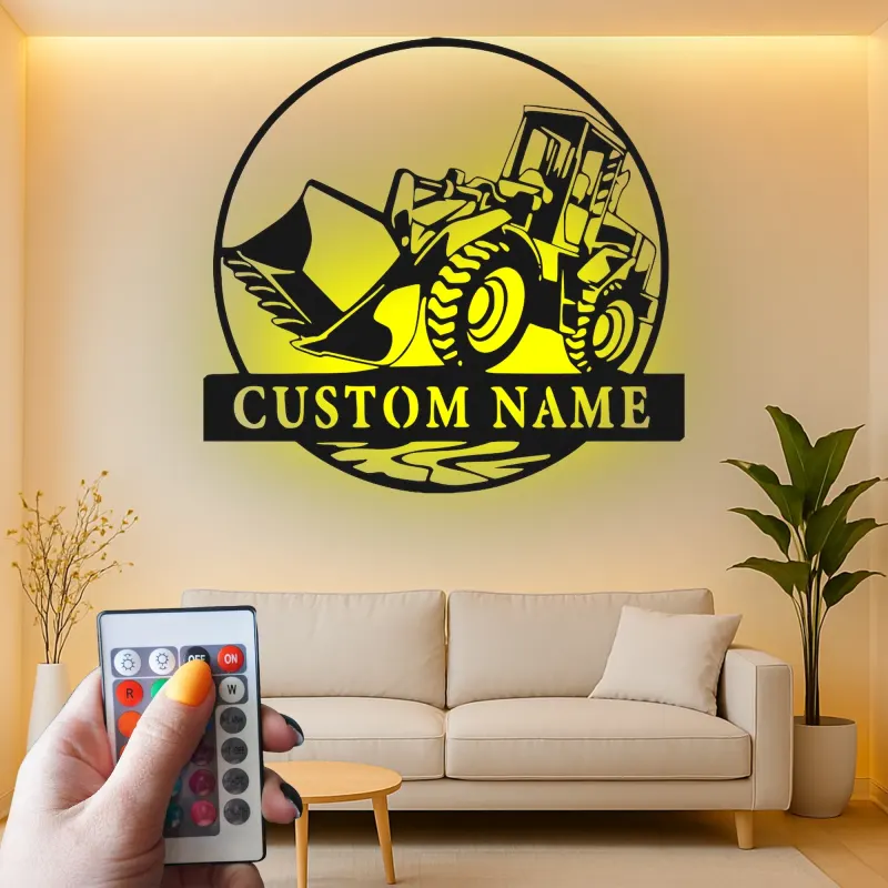 Décoration murale en métal personnalisée avec rétroéclairage Bulldozer - Cadeau pour passionnés de construction - Décor de garage ou atelier