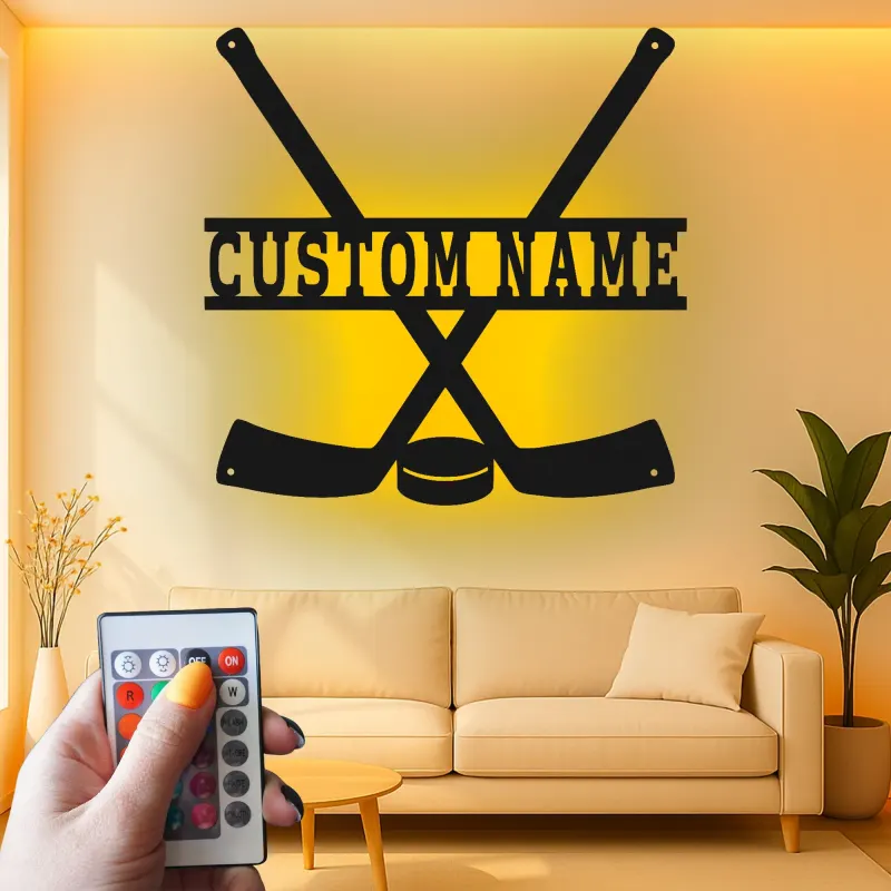 Panneau LED hockey personnalisé | Décoration murale en métal personnalisée | Déco salle de jeux et chambre ado | Cadeau pour joueur de hockey
