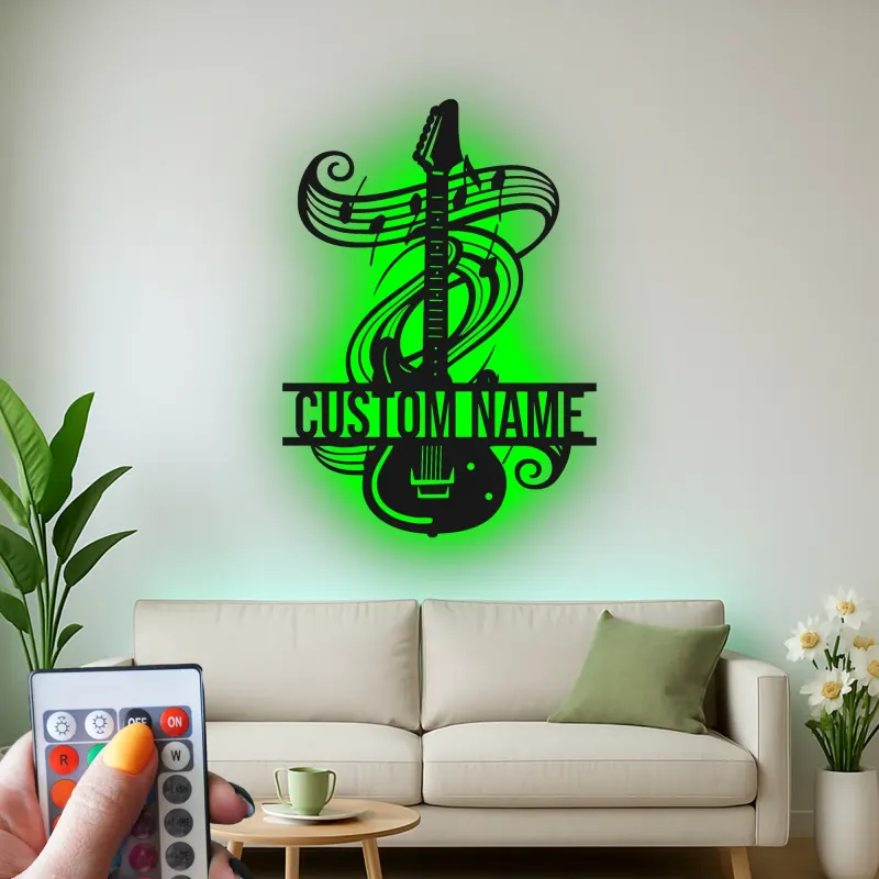 Personalized Guitar LED Sign | Custom Metal Wall Art for Music Studio | Musician Name Plaque with Music Notes