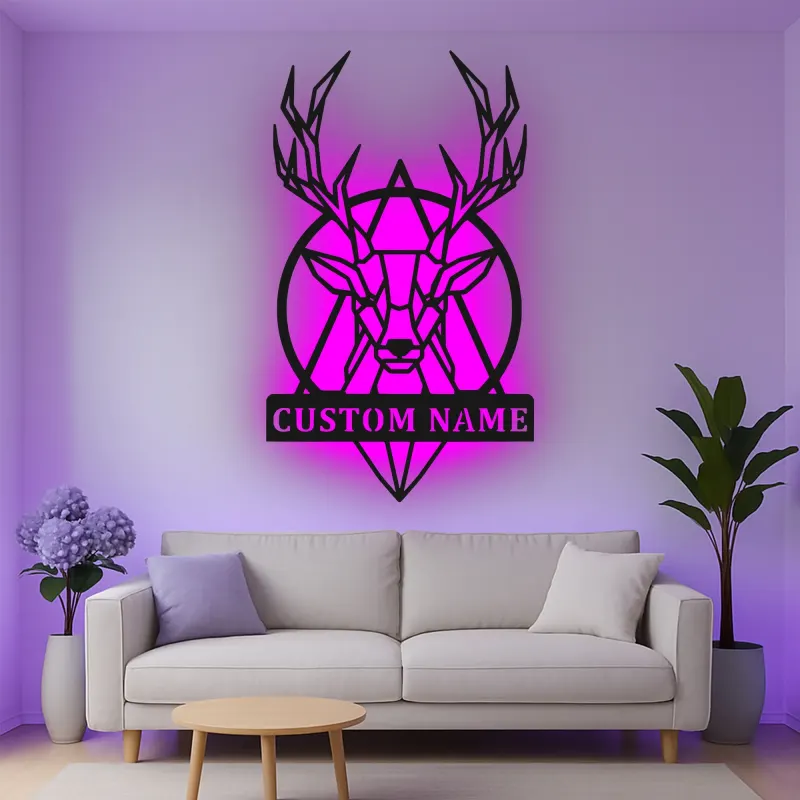 Cartel de metal LED personalizado de ciervo geométrico, regalo personalizado para amantes de la naturaleza, decoración rústica para salón