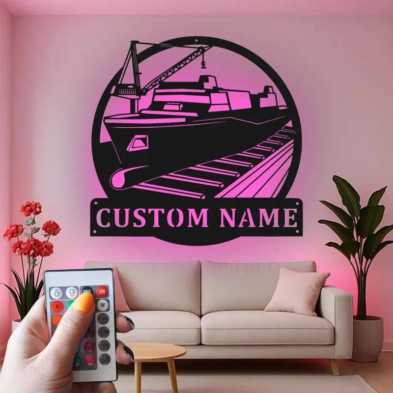 Décoration murale en métal LED personnalisée Grue de chantier - Cadeau nautique pour marins - Décor pour bureau ou cave à vin