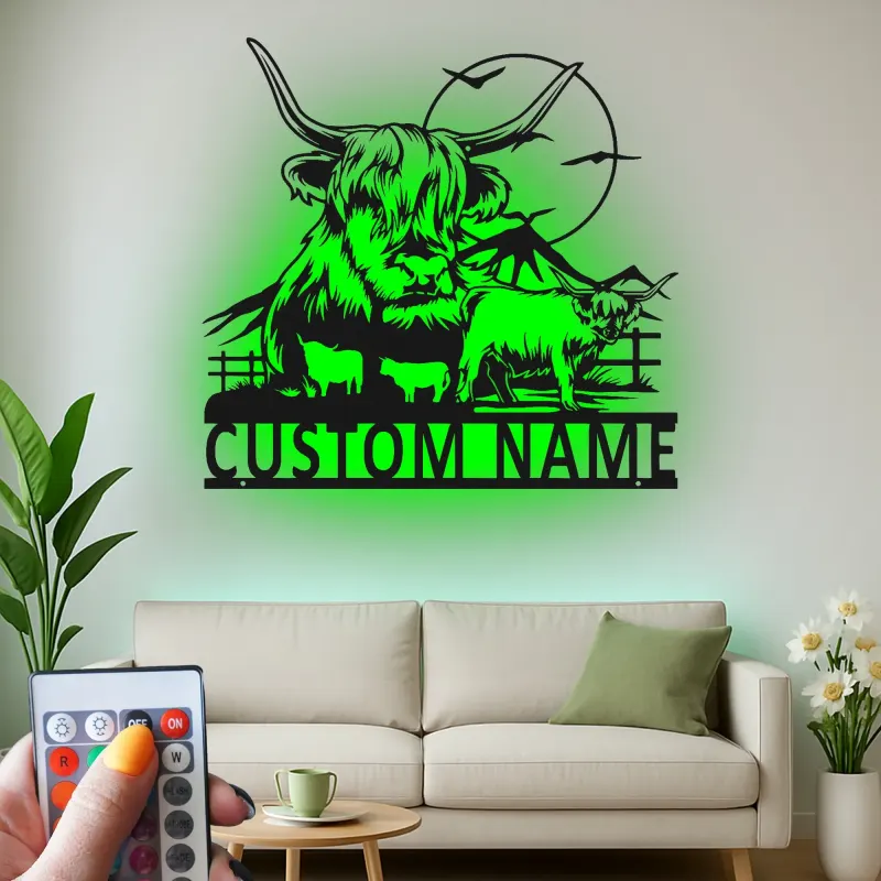 Highland Cow Metal Wall Art | Custom LED Sign for Farmhouse Decor | Personalized Ranch Home Gift for Cow Lovers