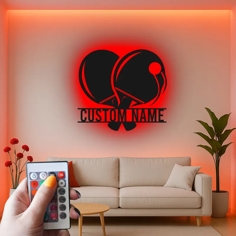 Personalized Ping Pong Paddle Sign | LED Metal Wall Art | Custom Table Tennis Gift | Game Room Decor
