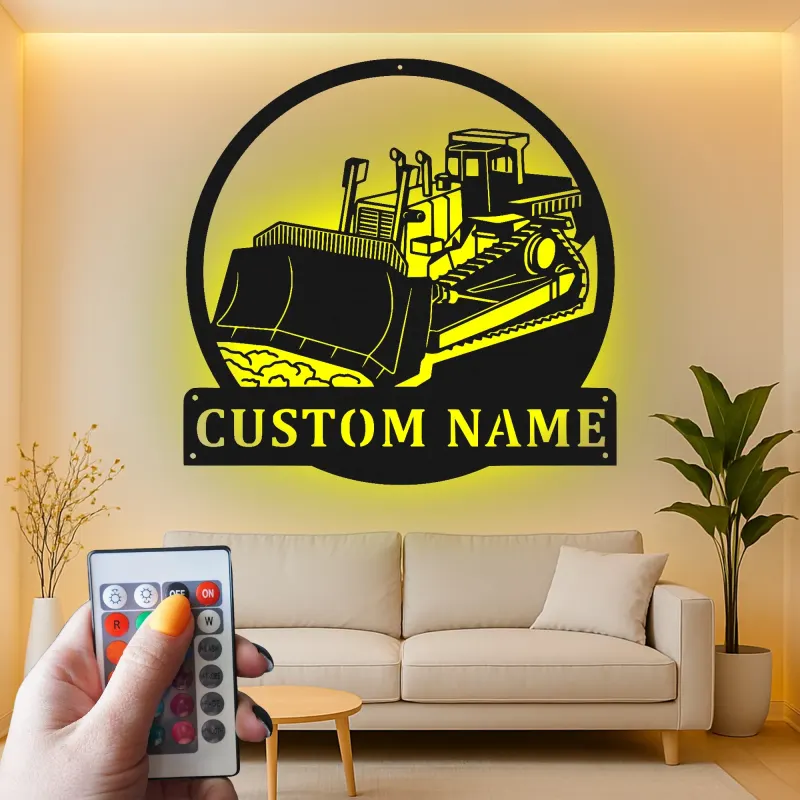 Cartel de metal LED de bulldozer personalizado, regalo de construcción para él, decoración de garaje u oficina para amantes de equipos pesados