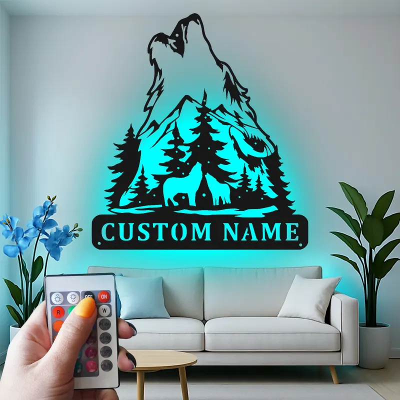 Custom Howling Wolf Led Light Metal Wall Art Personalized Gift for Nature Lovers Cabin Decor
