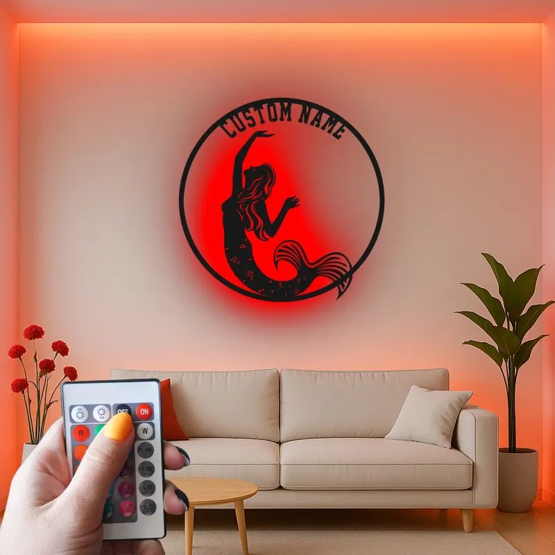 Insegna in metallo personalizzata con luce LED a forma di sirena regalo per amanti dell'oceano decorazione per camera da letto o nursery