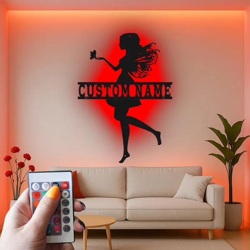 Cartel de metal personalizado con luz LED de silueta de hada, regalo personalizado para la decoración de dormitorio de chicas