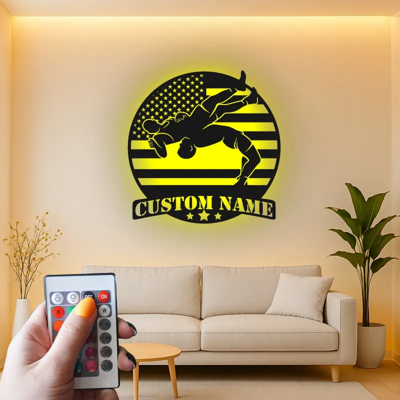 Décoration murale en métal personnalisée avec éclairage LED pour la lutte - Cadeau personnalisé pour lutteurs