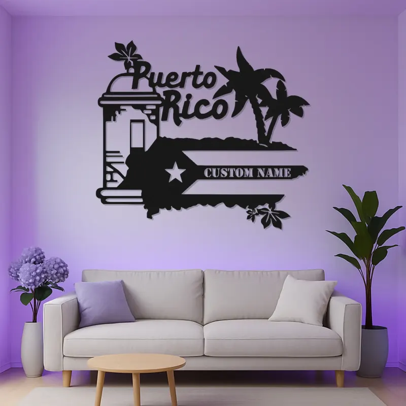 Panneau Métal LED Porto Rico Personnalisé | Art Murale Palmier des Caraïbes Personnalisé | Décor Boricua & Idée de Cadeau Insulaire